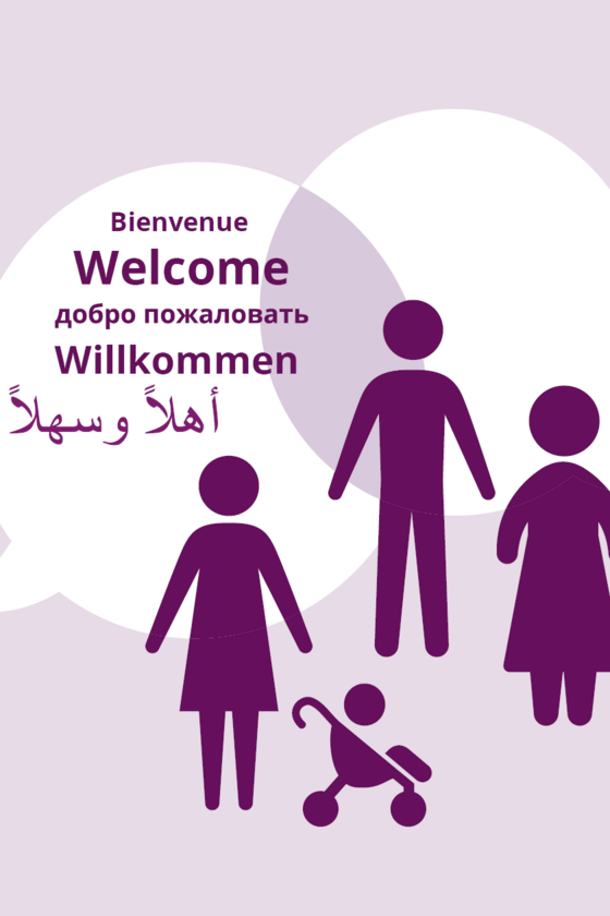 Illustration 3 Personen und Kind vor Sprechblasen Inschrift in verschiedenen Sprachen Illustration 3 Personen und Kind vor Sprechblasen Inschrift in verschiedenen Sprachen