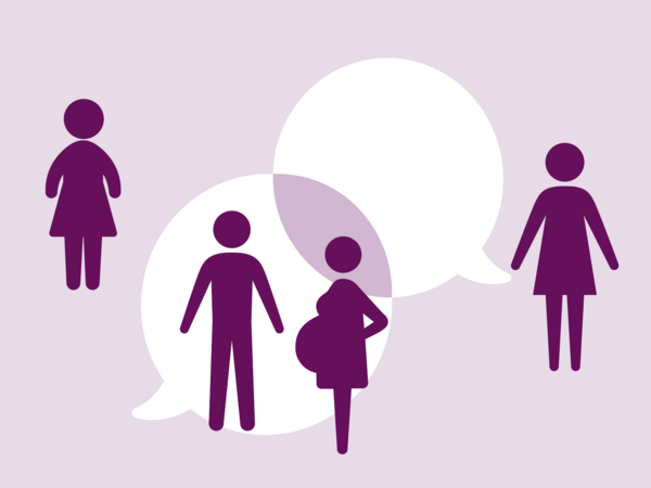Illustration Mann, schwangere Frau und weitere Frau vor einer Sprechblase Illustration Mann, schwangere Frau und weitere Frau vor einer Sprechblase