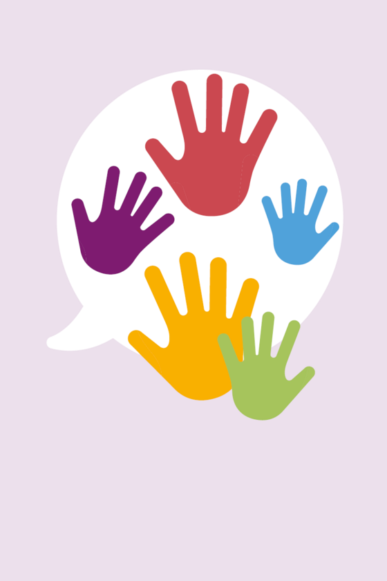 Illustration bunte Hände vor einer Sprechblase Illustration bunte Hände vor einer Sprechblase