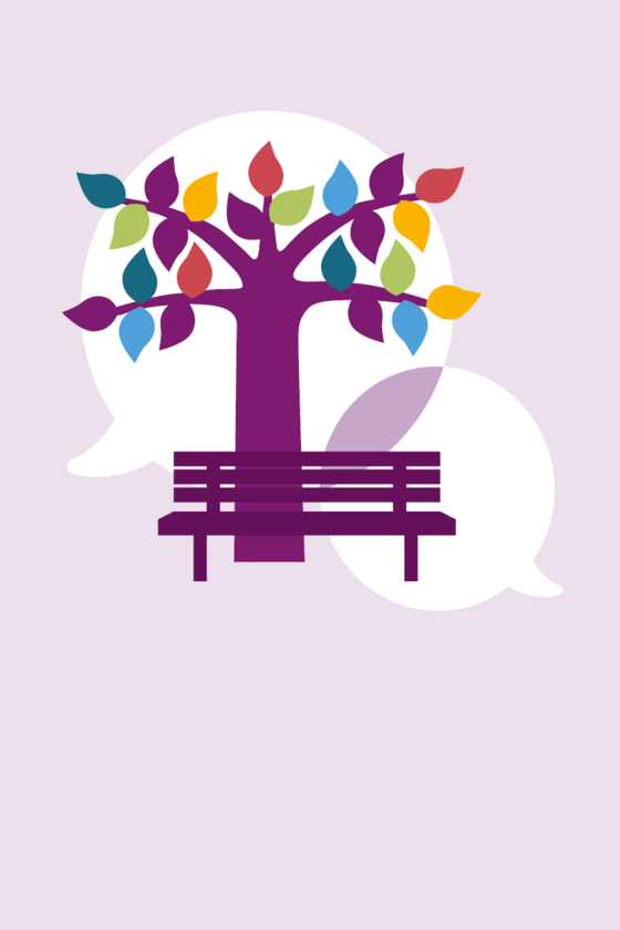 Illustration Baum mit bunten Blättern und Bank vor Sprechblasen Illustration Baum mit bunten Blättern und Bank vor Sprechblasen