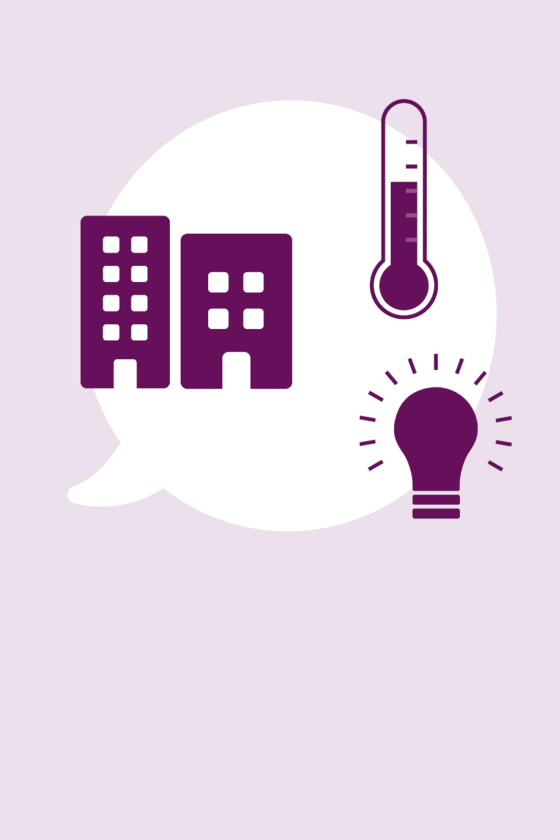 Illustration Häuser, Glühbirne und Thermometer vor einer Sprechblase Illustration Häuser, Glühbirne und Thermometer vor einer Sprechblase