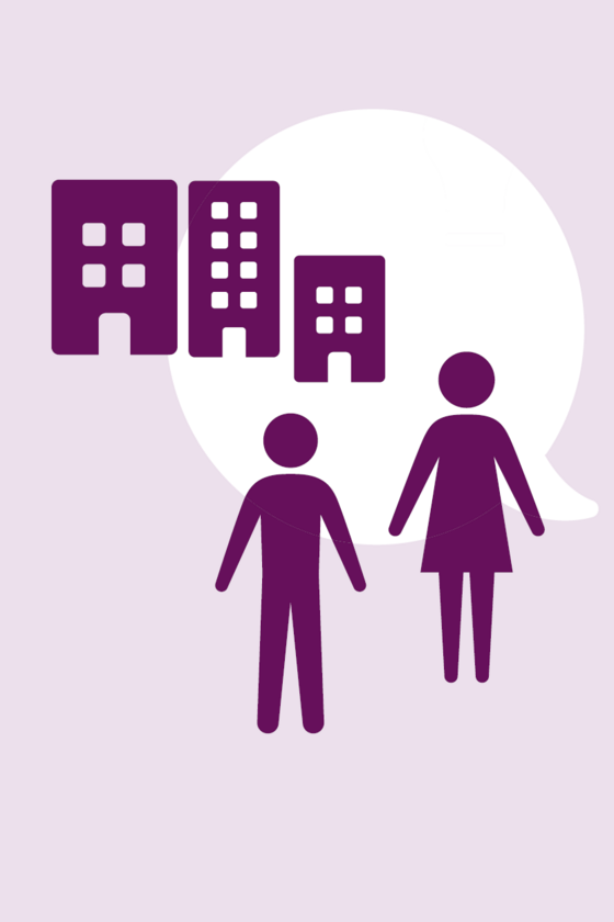 Illustration Mann, Frau und Häuser vor einer Sprechblase Illustration Mann, Frau und Häuser vor einer Sprechblase