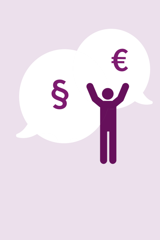 Illustration Person und Sprechblasen mit Eurozeichen und Paragrafzeichen Illustration Person und Sprechblasen mit Eurozeichen und Paragrafzeichen