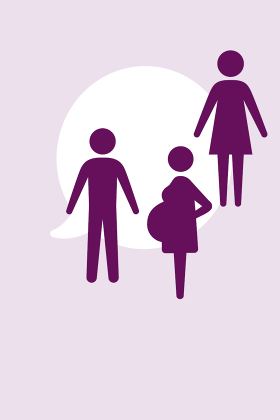 Illustration Mann, schwangere Frau und weitere Frau vor einer Sprechblase Illustration Mann, schwangere Frau und weitere Frau vor einer Sprechblase