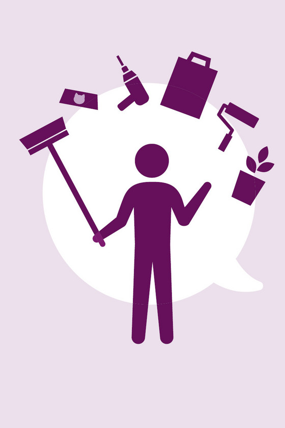 Illustration Person mit Besen in der Hand und dargestelltes Werkzeug vor Sprechblase Illustration Person mit Besen in der Hand und dargestelltes Werkzeug vor Sprechblase